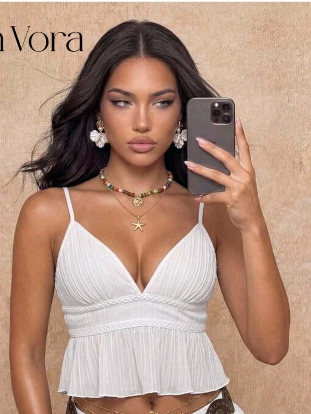 SHEIN White Plunging V-Neck Pleated Crop Cami
